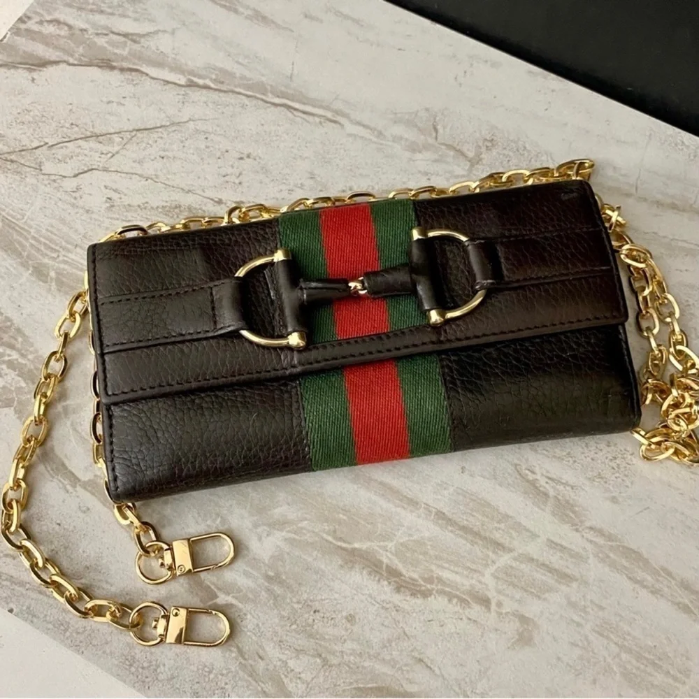 GUCCI GG Leather Horsebit Wallet to Crossbody Shoulder Bag 💼 Dark Brown - Picture 5 of 14